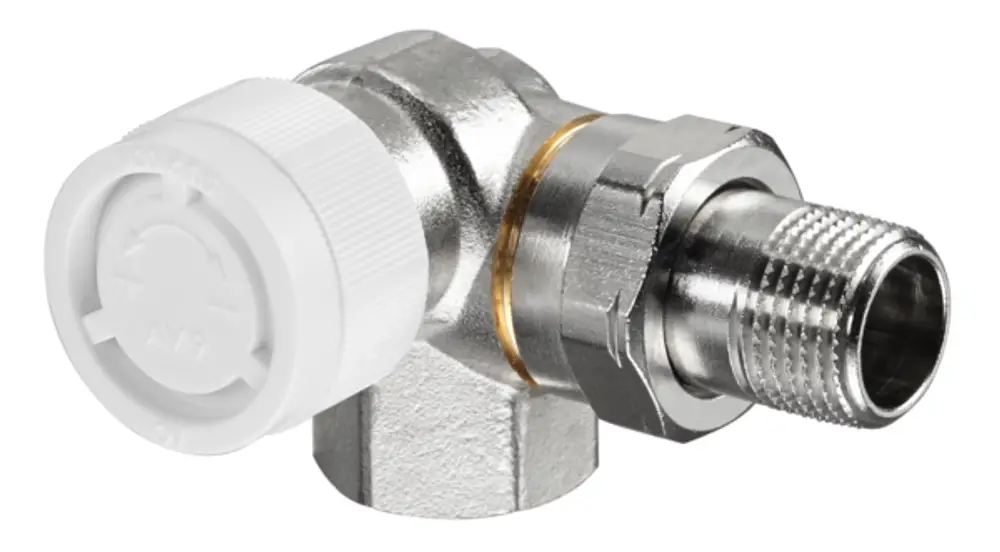 Oventrop Thermostatventil in Winkeleck-Ausführung mit Anschlüssen. Sichtbares Gehäuse aus Metall mit einem weißen Regelungsrad.